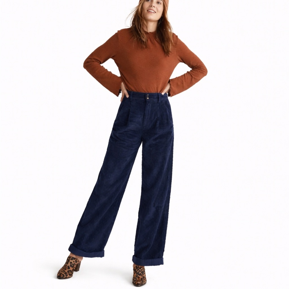 NWOT Madewell 10 Pleated Wide Leg Pants 0080 Navy Blue Corduroy Cords